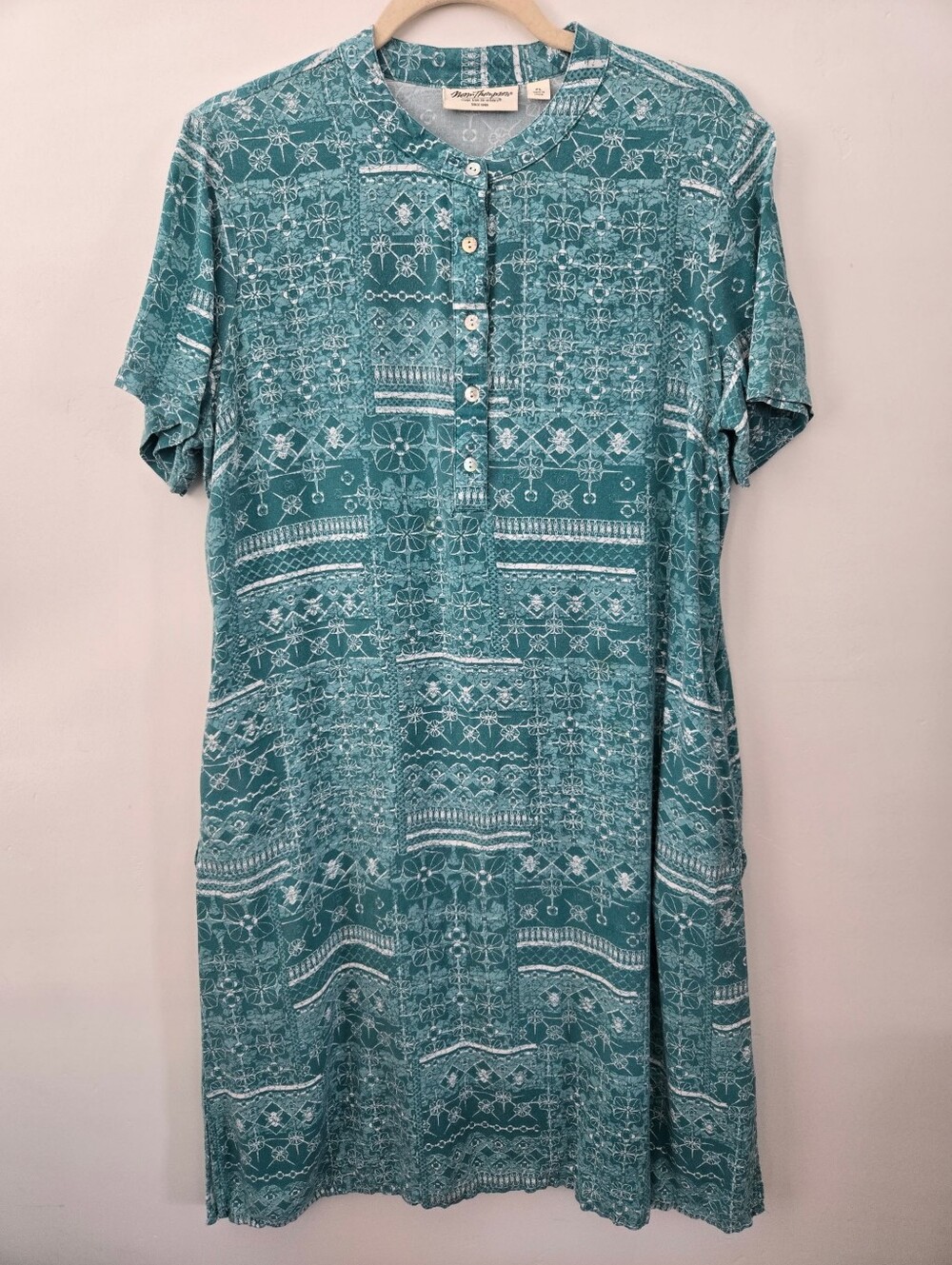 Norm Thompson vintage teal patchwork block geometric-print shirt dress. Large P.